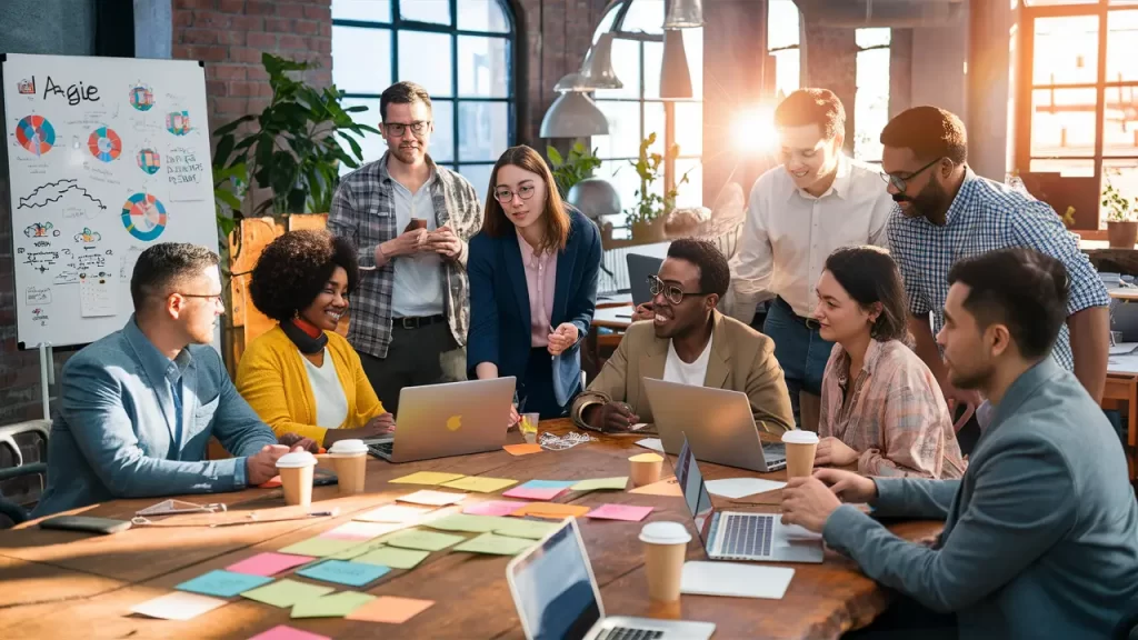Profissionais diversos reunidos em mesa de escritório com laptops, notas adesivas e quadro branco com diagramas ágeis.