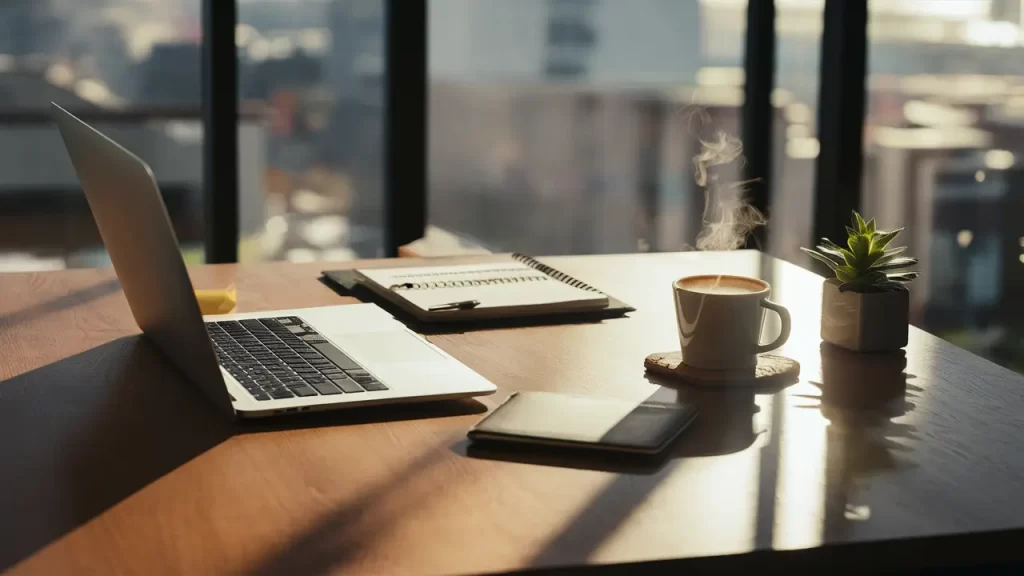 Escritório moderno com laptop, planejador, café e planta sob luz solar, criando ambiente produtivo.