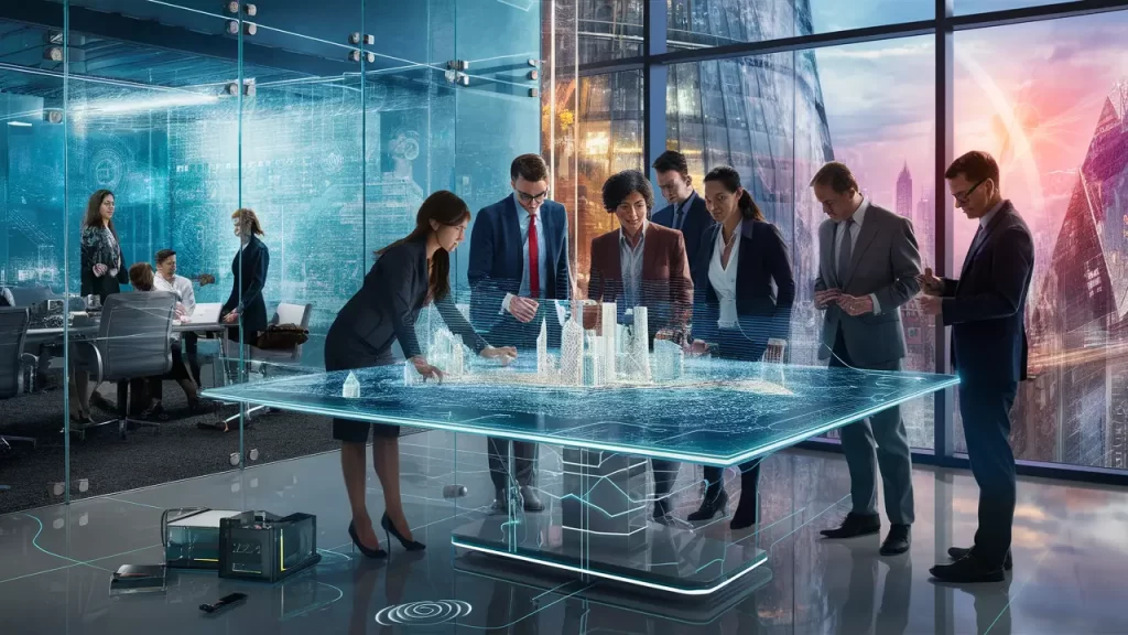 Escritório futurista com mesa holográfica mostrando modelo 3D de cidade e pessoas colaborando ao redor.