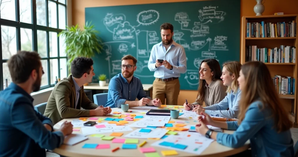 Espaço de trabalho inovador com profissionais colaborando em design thinking e brainstorming.