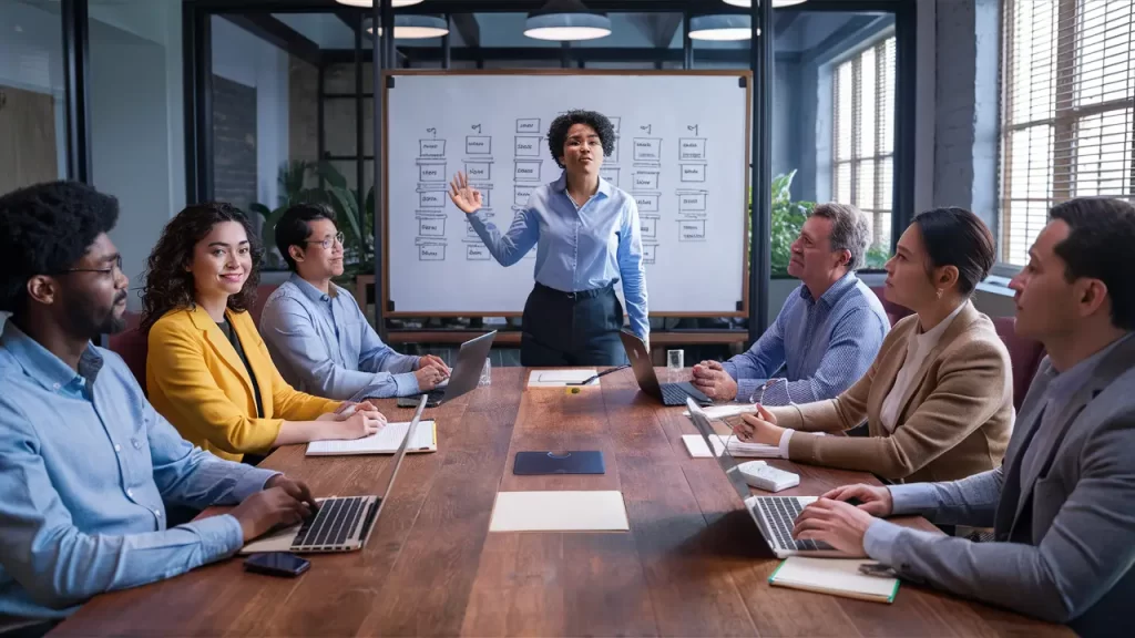 Equipe diversa em reunião em torno de mesa de conferência, liderança ao quadro branco com diagrama.