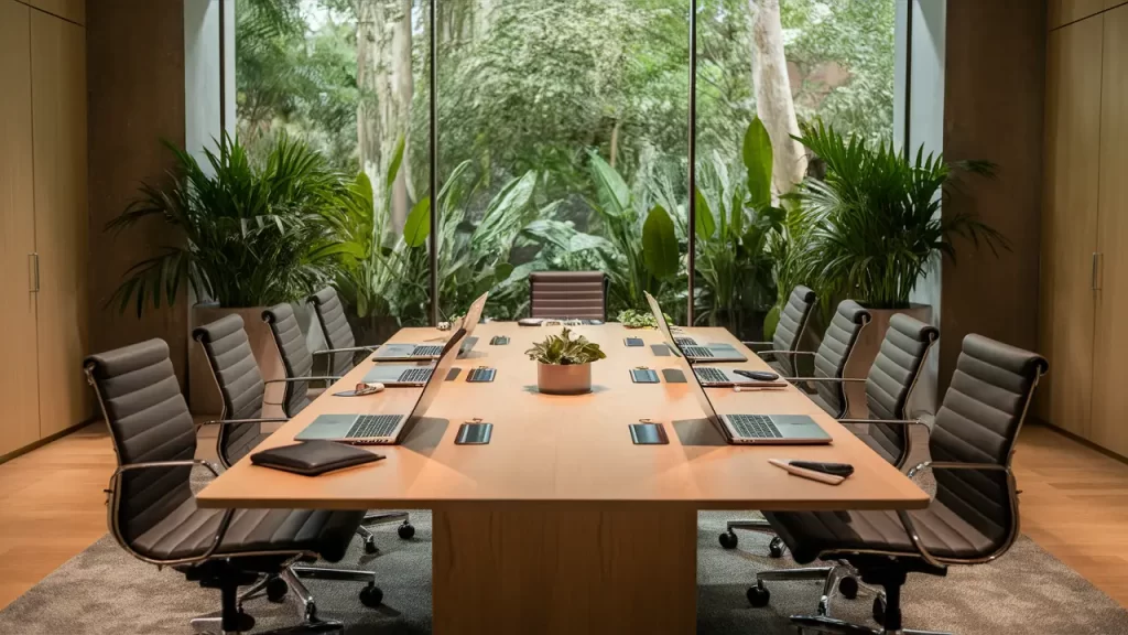 Sala de reuniões com mesa de madeira clara, cadeiras pretas, laptops e cadernos, iluminada por grande janela com plantas.