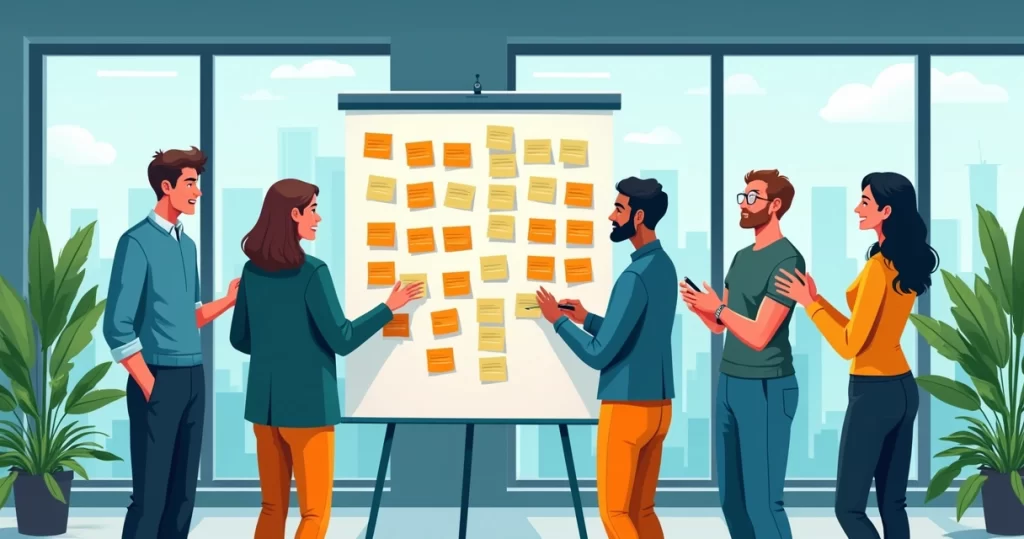 Equipe diverse em um escritório moderno, discutindo a implementação de OKRs em uma lousa cheia de notas adesivas coloridas.