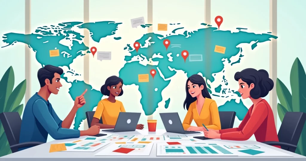 Ilustração colorida de profissionais colaborando sobre gestão de projetos com mapas e ferramentas visíveis.