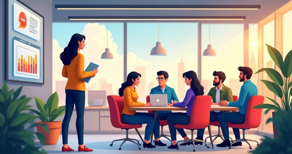 Grupo diversificado de funcionários colaborando em um escritório moderno, destacando a cultura organizacional.