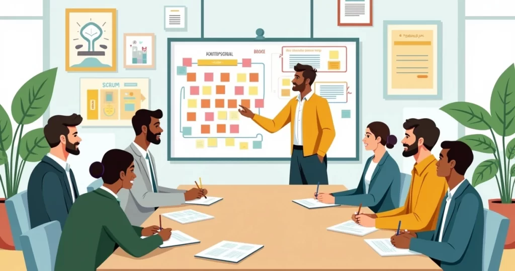Equipe diversificada em reunião sobre Gestão Ágil de Projetos em um escritório moderno.