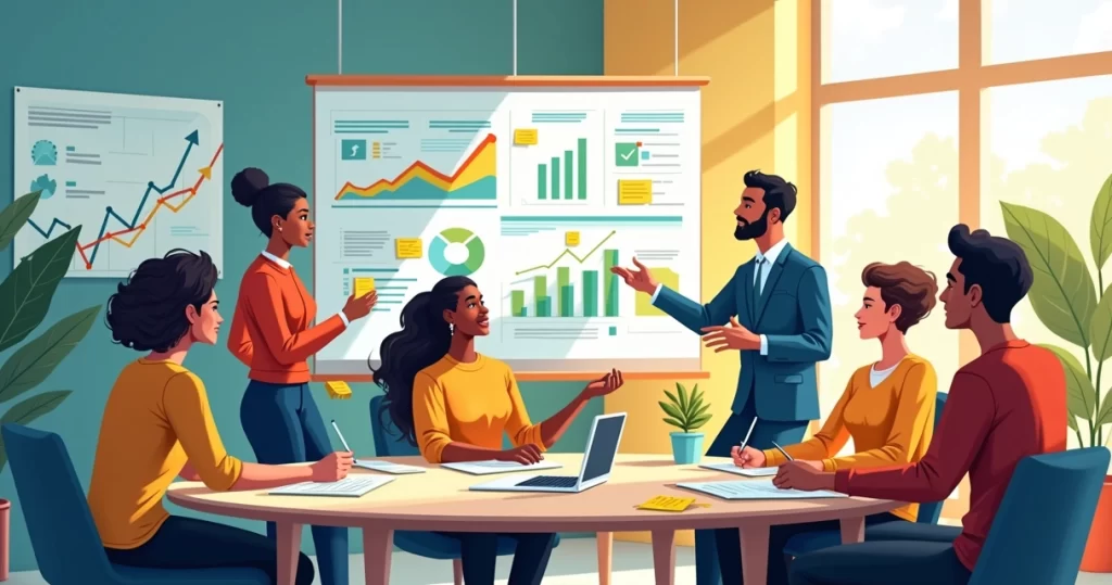 Equipe diversa em sessão de brainstorming em ambiente moderno, com objetivos e gráficos visíveis.