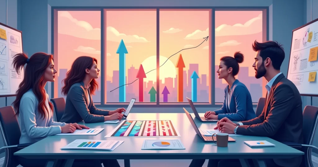 Reunião de planejamento estratégico com equipe diversificada em um escritório moderno.