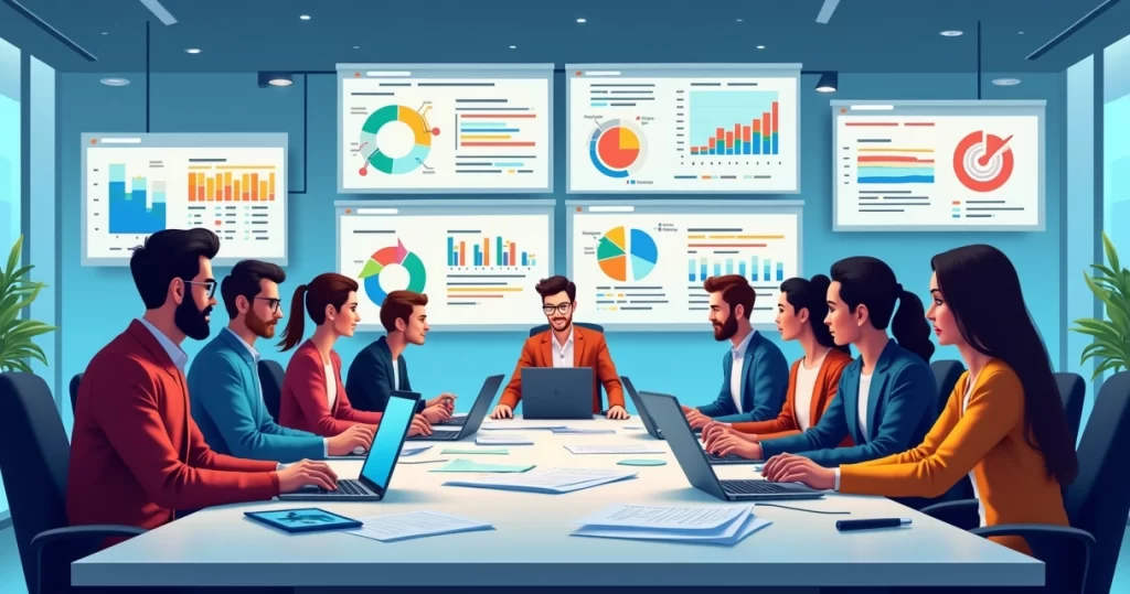 Equipe diversa reunida em escritório moderno trabalhando na implementação de PMO com gráficos e planejamento estratégico na tela