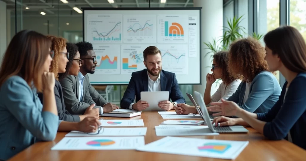 Equipe de negócios discutindo indicadores e metas estratégicas em reunião moderna