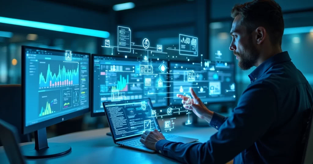 Agente de inteligência artificial analisando gráficos e documentos digitais em tela holográfica