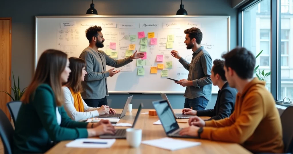 Equipe reunida em workshop colaborativo de Lean Inception com notas e diagramas em quadro branco