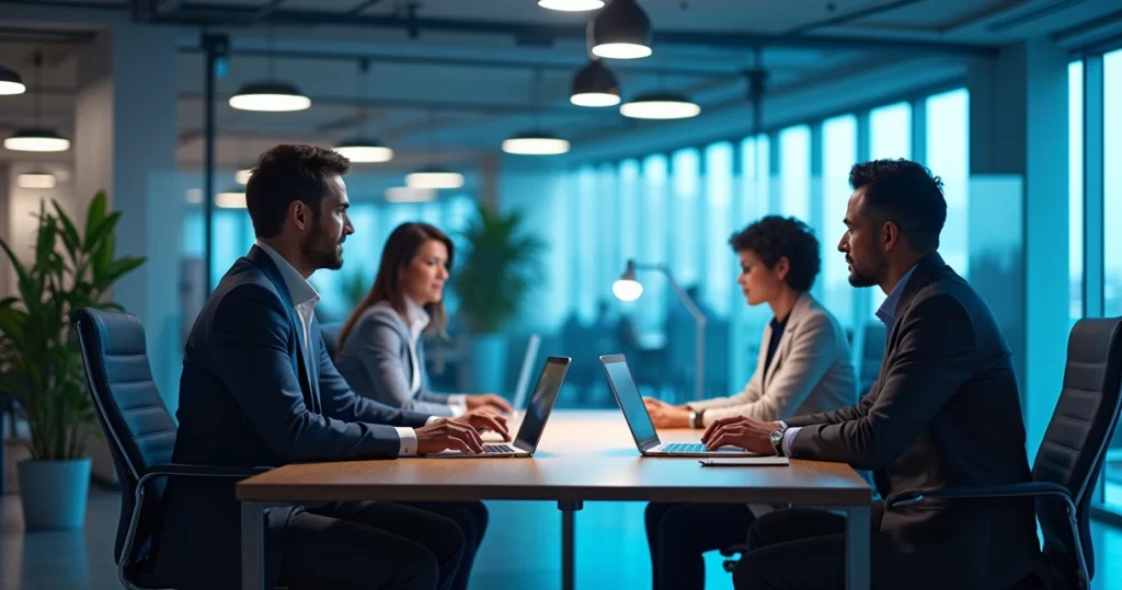 Ambiente corporativo moderno com equipe trabalhando usando tecnologia de inteligência artificial e automação digital