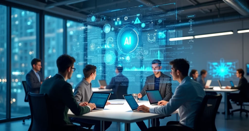 Sistema de inteligência artificial analisando dados em telas digitais em ambiente corporativo moderno