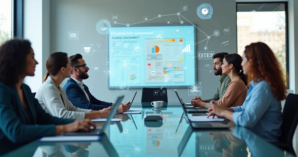 Mesa de reunião com equipe discutindo estratégia digital usando laptop e gráficos digitais flutuantes